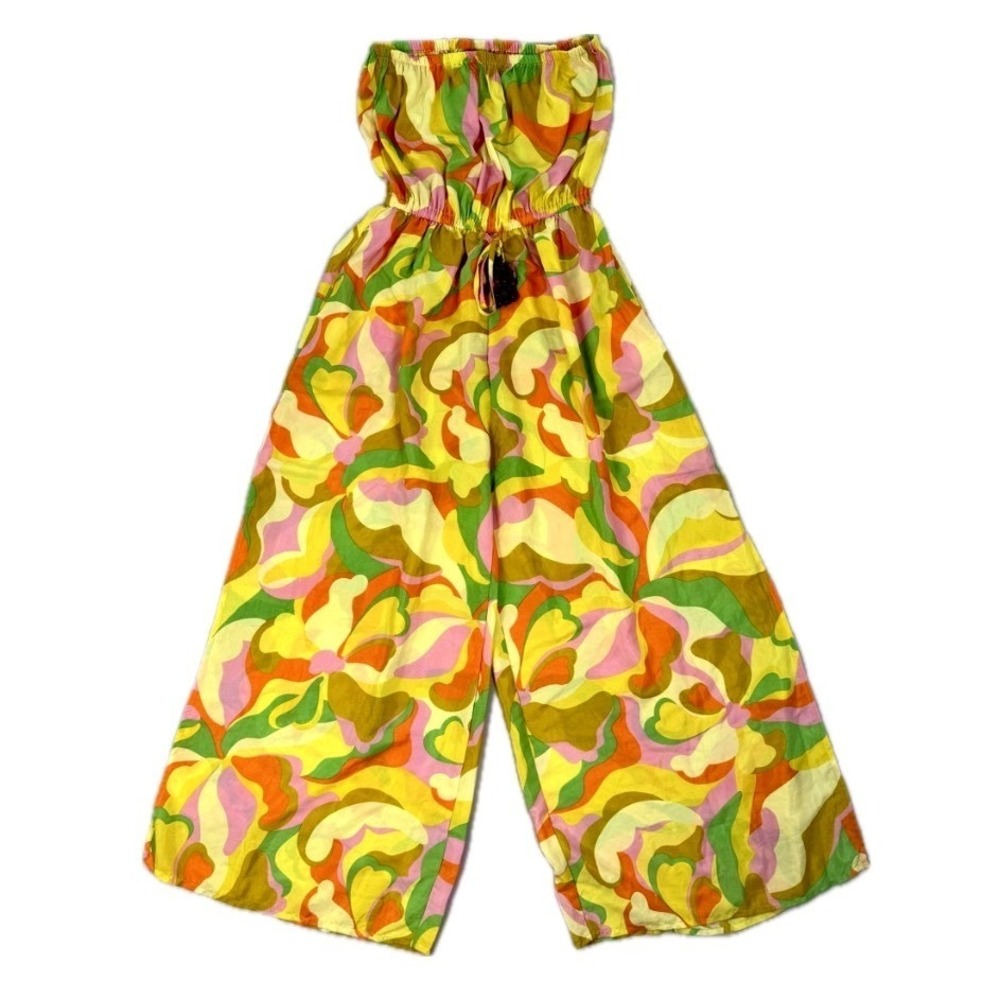 True Destinations XL Psychedelic Floral Strapless Wide Leg Jumpsuit Side Slits